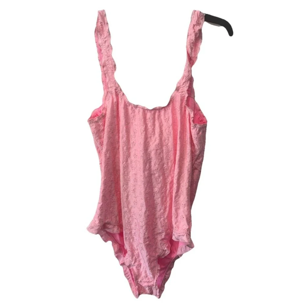Frankies Bikinis Lucia Eyelet Ruffle Bow One Piece Swimsuit Pink Plus Size 2XL